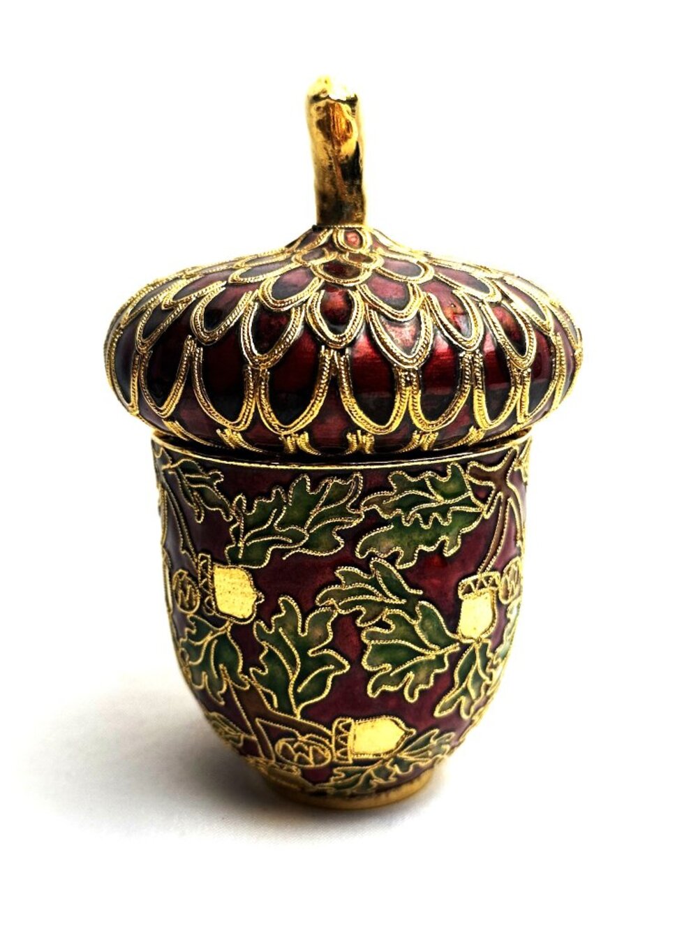 Cloisonne Acorn Lidded Jar NYCO Nicki Yassaman Red Green Gold Oak Leaves 6”